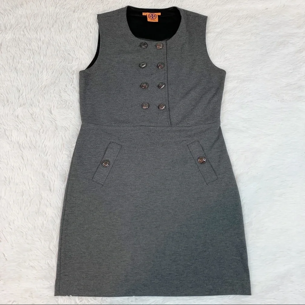 Tory Burch double‎ breasted mini dress sleeveless crew neck in gray pockets